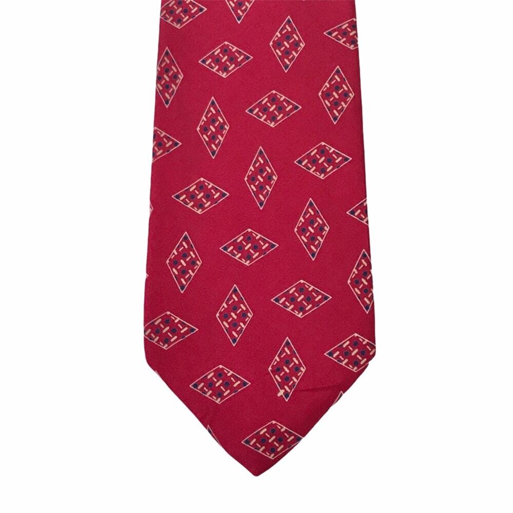 Robert Talbott Silk Tie Red Tan & Blue Hand Sewn Diamond Print